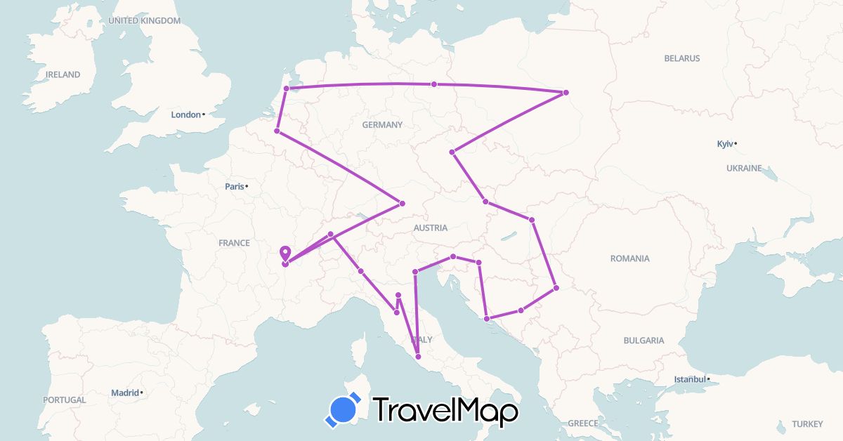 TravelMap itinerary: train in Austria, Bosnia and Herzegovina, Belgium, Czech Republic, Germany, France, Croatia, Hungary, Italy, Netherlands, Serbia (Europe)